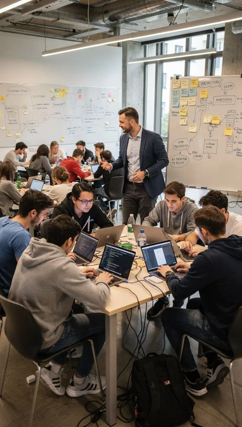 Eine Gruppe von Teilnehmern in einem Seminarraum lernt die Grundlagen von Kotlin für Android-Entwicklung.